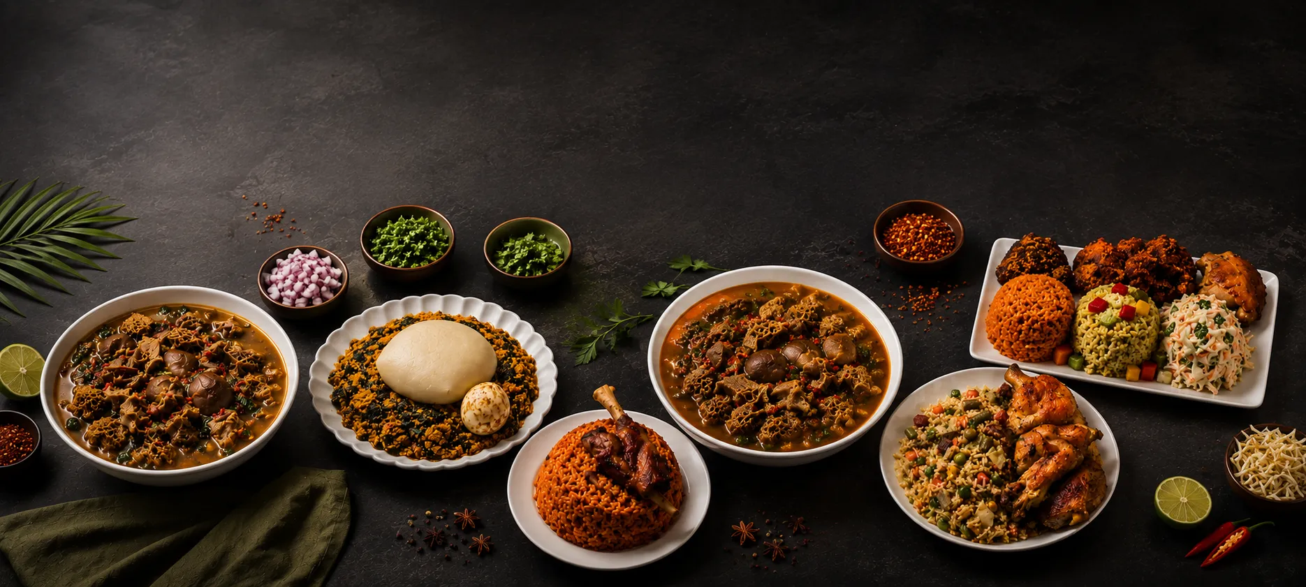 Nigerian food spread at Roswen Nigeria Restaurant in downtown London, Ontario
