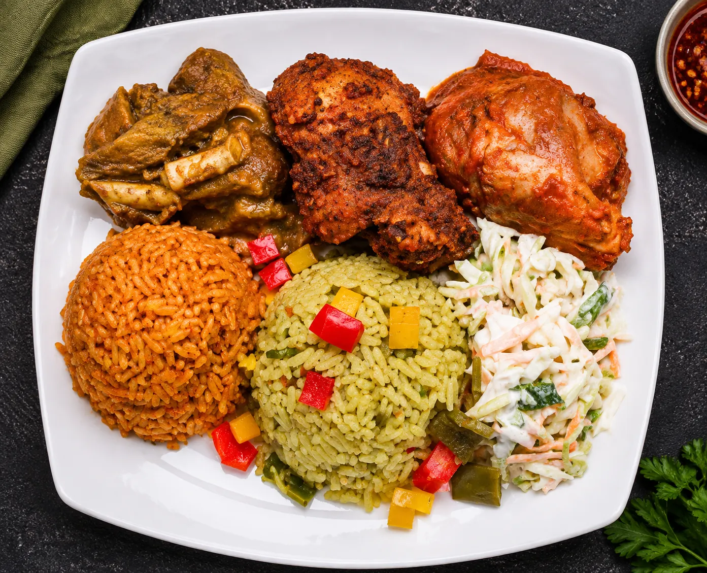 Nigerian food spread at Roswen Nigeria Restaurant in London, Ontario