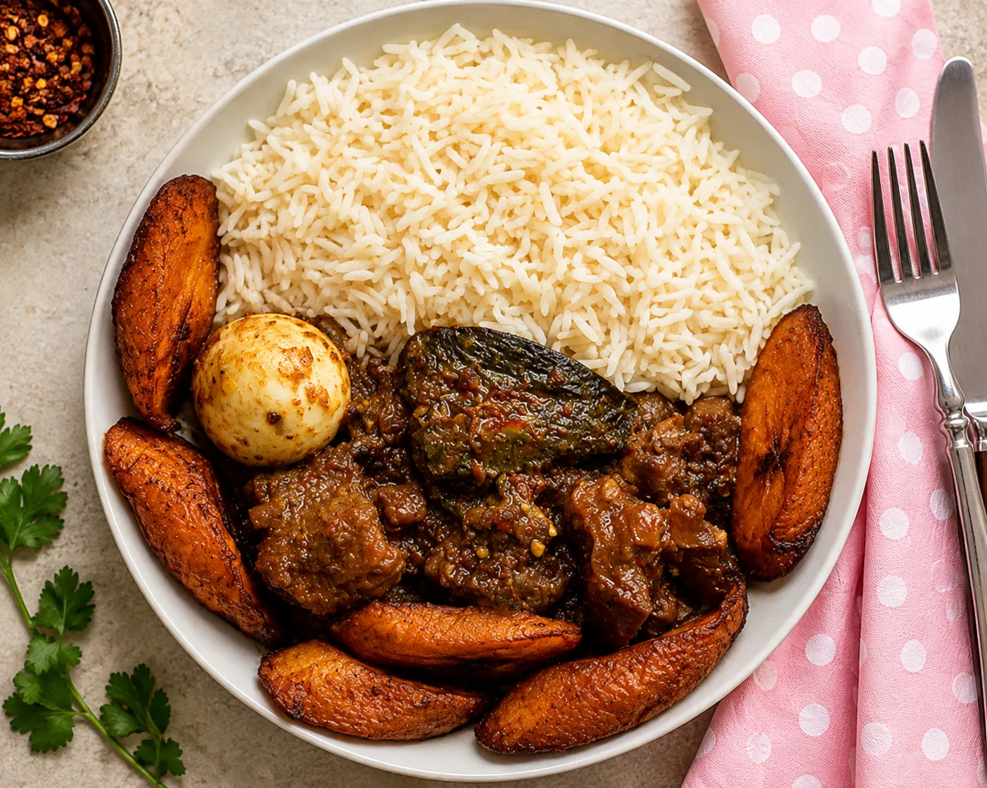 Ofada rice with ayamase stew in London Ontario at Roswen Nigeria Restaurant