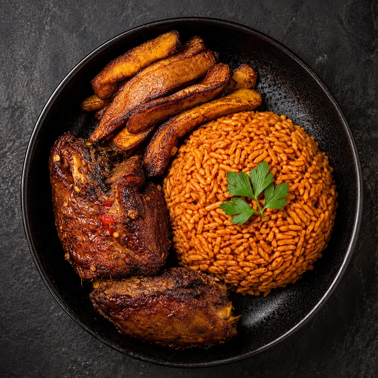 Jollof rice with fried plantain at Roswen in London, Ontario